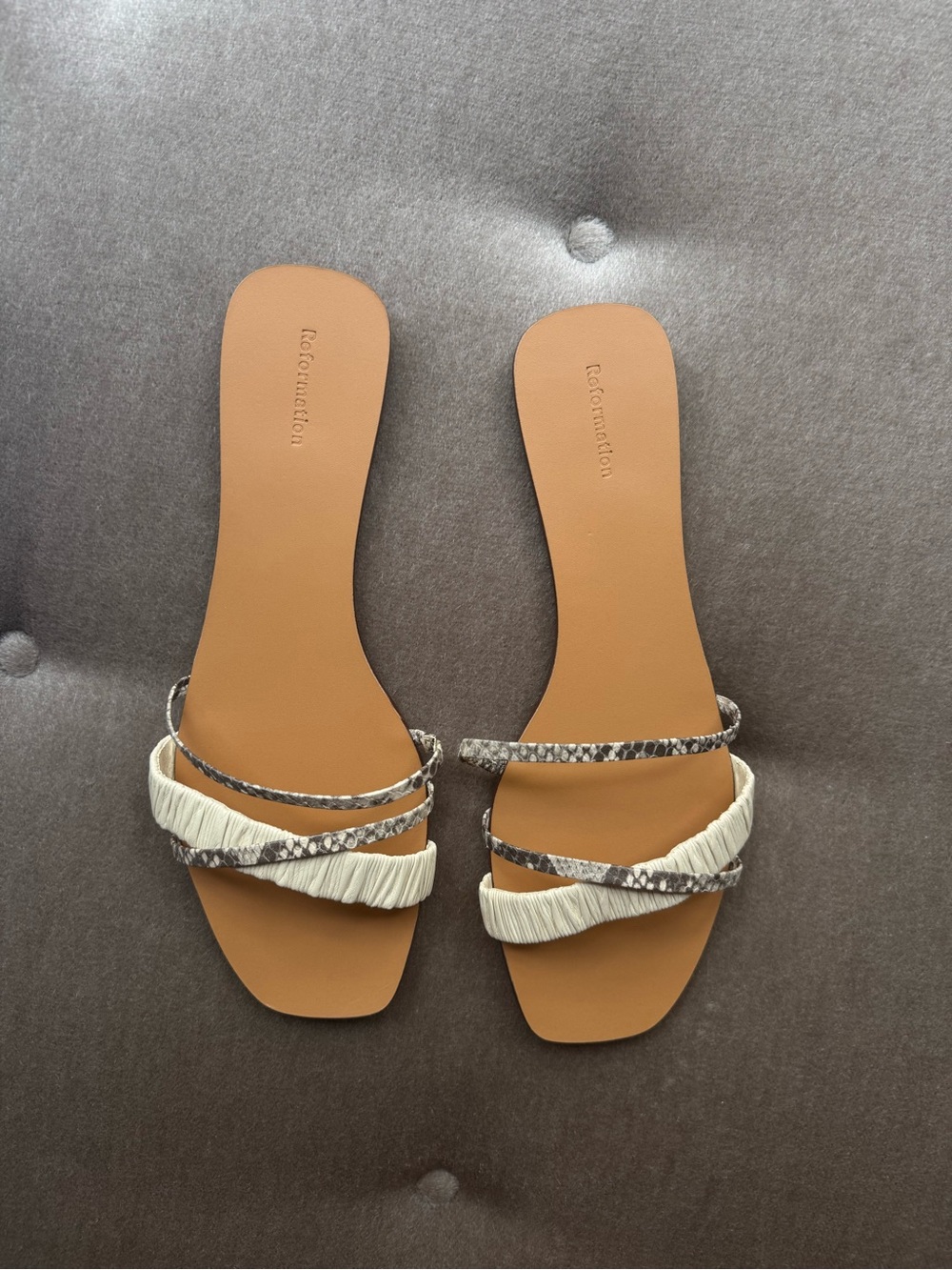 Reformation Cream & Brown Snake-Print Strappy Flat Sandals